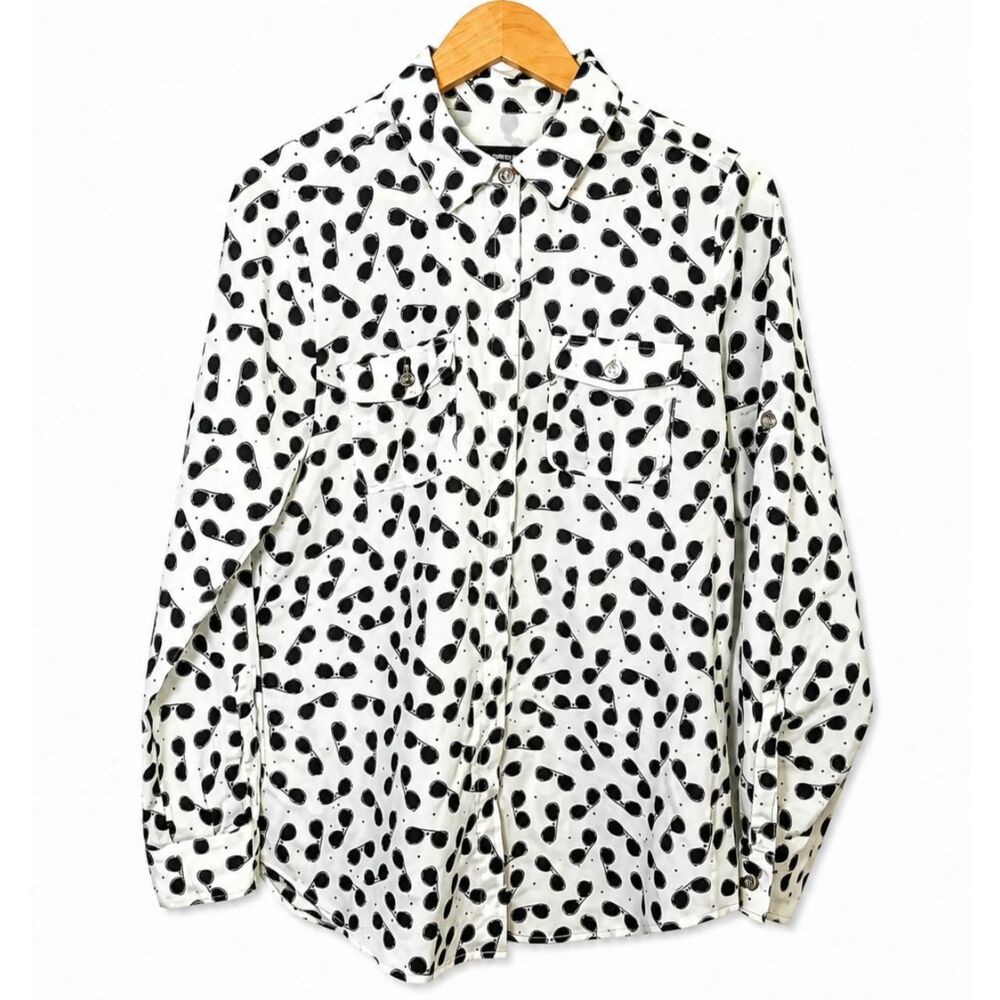 Karl Lagerfeld Paris White & Black Sunglasses Print Button-Up Blouse Small